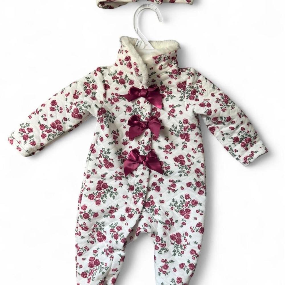 Tahari baby girl floral fleece onesie with bow and matching headband Size 0-3m